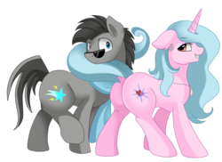 Size: 3509x2550 | Tagged: safe, artist:pridark, derpibooru exclusive, oc, oc only, oc:dazzling starlight, oc:sparks, earth pony, pony, unicorn, butt, clothes, commission, high res, plot, raised hoof, scarf, seduction, simple background, sunglasses, tail seduce, transparent background