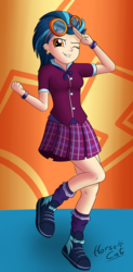 Size: 1600x3264 | Tagged: safe, artist:horsecat, indigo zap, equestria girls, g4, .psd available, bowtie, bracelet, breasts, clothes, crystal prep academy uniform, ear piercing, earring, female, goggles, jewelry, multiple variants, one eye closed, piercing, school uniform, shoes, socks, solo, wink