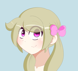 Size: 1280x1172 | Tagged: safe, artist:fullmetalpikmin, oc, oc only, oc:cherry blossom, human, blue background, bow, bust, hair bow, humanized, humanized oc, looking at you, portrait, simple background, smiling, solo