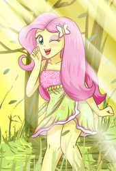 Size: 2362x3472 | Tagged: safe, artist:sumin6301, fluttershy, equestria girls, g4, clothes, cute, dress, female, high res, looking at you, one eye closed, open mouth, scenery, shyabetes, solo, wink