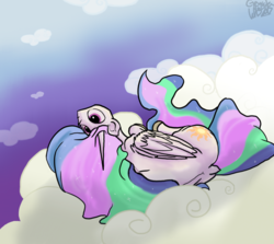 Size: 1280x1143 | Tagged: safe, artist:greyscaleart, princess celestia, alicorn, pony, g4, cloud, curled up, female, looking at you, looking back, mare, on side, solo