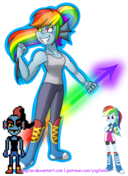 Size: 1024x1418 | Tagged: safe, artist:yogfan, rainbow dash, equestria girls, g4, boots, bracelet, clothes, compression shorts, female, fusion, hand on hip, jewelry, ponytail, rainbowdyne, skirt, socks, solo, undertale, undyne, wristband