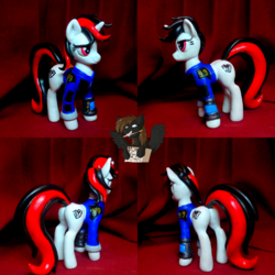 Size: 1280x1280 | Tagged: safe, artist:hampony, oc, oc only, oc:blackjack, pony, unicorn, fallout equestria, armor, clothes, commission, fanfic, fanfic art, female, figurine, handmade, hooves, horn, irl, jumpsuit, mare, photo, pipbuck, security armor, solo, suit, vault security armor, vault suit