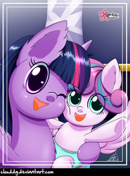 Size: 738x1000 | Tagged: safe, artist:clouddg, princess flurry heart, twilight sparkle, alicorn, pony, g4, aunt and niece, auntie twilight, baby, baby pony, cute, diaper, duo, one eye closed, twilight sparkle (alicorn), underhoof, wink