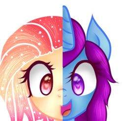 Size: 493x488 | Tagged: safe, artist:melanie-violet, oc, oc only, oc:melanie, oc:violet, pegasus, pony, unicorn, bust, female, mare, portrait, split screen