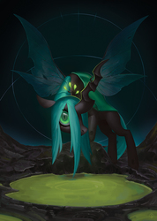 Size: 762x1070 | Tagged: dead source, safe, artist:eosphorite, queen chrysalis, changeling, changeling queen, g4, female, looking at you, puddle, slit pupils, solo, spread wings, wings