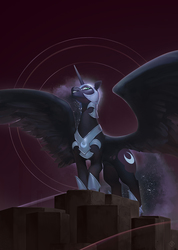 Size: 762x1070 | Tagged: dead source, safe, artist:eosphorite, nightmare moon, alicorn, pony, g4, female, helmet, large wings, mare, smiling, solo, spread wings, wings