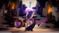 Size: 4000x2250 | Tagged: safe, artist:redaceofspades, trixie, twilight sparkle, alicorn, pony, unicorn, g4, 3d, butt, cave, duo, featureless crotch, female, fire, imminent fight, looking at each other, magic, mare, plot, rear view, shield, snow, snowfall, source filmmaker, sword, torch, twilight sparkle (alicorn), weapon