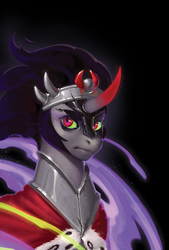 Size: 630x930 | Tagged: dead source, safe, artist:eosphorite, king sombra, pony, unicorn, g4, black background, cape, clothes, crown, jewelry, looking at you, male, red eyes, regalia, simple background, solo, stallion