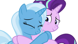 Size: 6000x3407 | Tagged: dead source, safe, artist:nevermattie, starlight glimmer, trixie, pony, unicorn, g4, absurd resolution, cute, female, lesbian, mare, ship:startrix, shipping, simple background, smiling, transparent background, vector