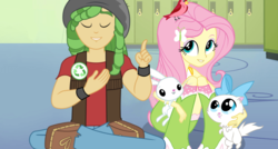 Size: 870x466 | Tagged: safe, artist:themexicanpunisher, angel bunny, fluttershy, mitsy, sandalwood, bird, cat, rabbit, equestria girls, g4, adorable face, boots, bow, clothes, cute, eyes closed, female, hallway, hat, high heel boots, kitten, lockers, male, pants, sandalshy, shipping, shoes, socks, straight