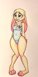 Size: 1507x3008 | Tagged: safe, artist:ameliacostanza, fluttershy, rabbit, anthro, g4, bunnified, bunnyshy, chest fluff, clothes, female, floppy ears, furry, one-piece swimsuit, simple background, solo, species swap, swimsuit