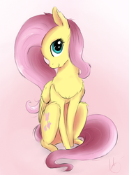 Size: 444x600 | Tagged: safe, artist:maravor, fluttershy, pony, g4, chest fluff, female, gradient background, sitting, smiling, solo