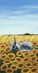 Size: 800x1543 | Tagged: safe, artist:weird--fish, princess luna, alicorn, pony, g4, cloud, eyes closed, female, field, floppy ears, s1 luna, smiling, solo, sunflower