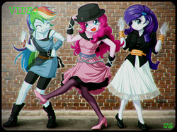 Size: 1200x897 | Tagged: safe, artist:uotapo, pinkie pie, rainbow dash, rarity, human, equestria girls, g4, anime, boots, bracelet, chromatic aberration, clothes, cute, cyndi lauper, dancing, dress, eyes closed, female, gloves, happy, hat, jewelry, looking at you, open mouth, pantyhose, rainbow dash always dresses in style, raribetes, shoes, skirt, smiling, style emulation, top hat