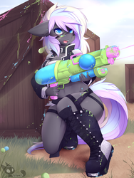 Size: 900x1200 | Tagged: safe, artist:teranen, oc, oc only, oc:ice trio, anthro, plantigrade anthro, anthro oc, boots, clothes, collar, colored pupils, crate, floppy ears, grass, jacket, kneeling, paint, solo, watergun