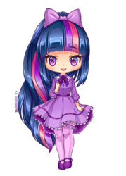 Size: 800x1119 | Tagged: safe, artist:nukababe, twilight sparkle, human, g4, bow, chibi, clothes, dress, female, garter, hair bow, humanized, light skin, looking at you, simple background, socks, solo, thigh highs, transparent background