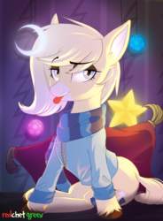 Size: 1000x1360 | Tagged: safe, artist:redchetgreen, oc, oc only, oc:scarlet, earth pony, pony, clothes, crescent moon, female, looking at you, mare, moon, pillow, scarf, smiling, solo, sweater, tongue out