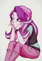 Size: 600x872 | Tagged: dead source, safe, artist:nt-88, starlight glimmer, equestria girls, g4, beanie, bored, candy, clothes, deviantart watermark, female, food, hat, lidded eyes, lollipop, obtrusive watermark, pants, shirt, signature, simple background, sitting, solo, watermark