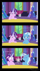 Size: 1172x2075 | Tagged: safe, artist:megaanimationfan, starlight glimmer, trixie, pony, unicorn, all bottled up, g4, beauty and the beast, chip, comic, crossover, cup, disney, female, floppy ears, mare, mug, shocked, shrunken pupils, signature, teacup, that pony sure does love teacups, twilight's castle, wide eyes