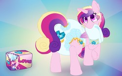 Size: 1280x800 | Tagged: safe, artist:plinkie_poi, princess cadance, pony, g4, cutie mark diapers, diaper, diaper package, female, non-baby in diaper, poofy diaper, solo, super crinkle pony adventure 64