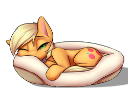 Size: 2550x1800 | Tagged: safe, artist:captainpudgemuffin, applejack, earth pony, pony, g4, alternate hairstyle, applecat, behaving like a cat, collar, commission, cute, female, implied lesbian, implied rarijack, implied shipping, jackabetes, looking at you, pet bed, pixie cut, solo