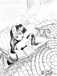 Size: 6000x8000 | Tagged: safe, artist:zilvart, twilight sparkle, pony, unicorn, g4, absurd resolution, bench, book, female, glowing horn, grass, horn, magic, mare, monochrome, prone, reading, sketch, smiling, solo