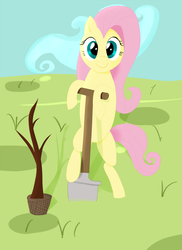Size: 1751x2400 | Tagged: safe, artist:ragmo, fluttershy, pony, g4, arbor day, cloud, day, female, shovel, solo, standing, tree