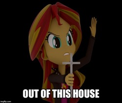 Size: 592x500 | Tagged: safe, artist:creatorofpony, sunset shimmer, equestria girls, g4, 3d, cross, female, jontron, meme, out of this house, solo, source filmmaker, takeshi's challenge