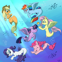 Size: 1024x1024 | Tagged: safe, artist:passigcamel, applejack, fluttershy, pinkie pie, rainbow dash, rarity, twilight sparkle, alicorn, merpony, pony, seapony (g4), my little pony: the movie, bubble, cowboy hat, crepuscular rays, cute, deviantart watermark, eyes closed, female, fish tail, hat, horn, mane six, mare, obtrusive watermark, ocean, one eye closed, seaponified, seapony applejack, seapony fluttershy, seapony pinkie pie, seapony rainbow dash, seapony rarity, seapony twilight, shoo be doo, signature, smiling, species swap, stetson, sunlight, swimming, tail, twilight sparkle (alicorn), underwater, water, watermark, watershy, wings, wink