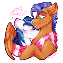 Size: 2500x2500 | Tagged: safe, artist:ihasjessie-kat, shining armor, spearhead, pegasus, pony, unicorn, a flurry of emotions, g4, blushing, clothes, cuddling, gay, high res, male, scarf, shipping, spearmor, stallion