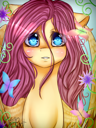 Size: 768x1024 | Tagged: safe, artist:wolfchen999, fluttershy, pegasus, pony, g4, blue eyes, colored pupils, female, flower, looking at you, mare, solo