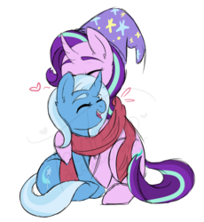 Size: 840x912 | Tagged: safe, artist:toods, starlight glimmer, trixie, pony, unicorn, g4, accessory swap, clothes, commission, couple, cute, diatrixes, duo, eyes closed, female, fluffy, glimmerbetes, happy, hat, heart, hug, lesbian, open mouth, scarf, shared clothing, shared scarf, ship:startrix, shipping, simple background, sitting, size difference, smiling, transparent background, trixie's hat, watermark