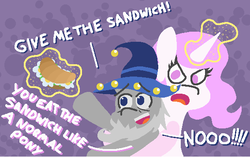 Size: 567x357 | Tagged: safe, artist:threetwotwo32232, princess celestia, star swirl the bearded, alicorn, pony, two best sisters play, g4, female, food, magic, mare, patlestia, pink-mane celestia, sandwich, telekinesis, two best friends play