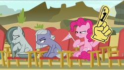 Size: 1920x1080 | Tagged: safe, screencap, limestone pie, marble pie, pinkie pie, earth pony, pony, g4, rock solid friendship, annoyed, foam finger, lidded eyes, nose wrinkle, pennant