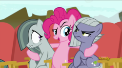 Size: 1920x1080 | Tagged: safe, screencap, limestone pie, marble pie, pinkie pie, earth pony, pony, g4, rock solid friendship, annoyed, bipedal, discovery family logo, hind legs, hug