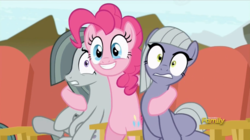 Size: 914x512 | Tagged: safe, screencap, limestone pie, marble pie, pinkie pie, earth pony, pony, g4, rock solid friendship, discovery family logo, hind legs, hug