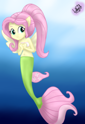 Size: 1000x1450 | Tagged: safe, artist:liniitadash23, fluttershy, mermaid, seapony (g4), equestria girls, g4, my little pony: the movie, alternate hairstyle, belly button, clothes, female, fin wings, fins, mermaid tail, mermaidized, ponied up, pony ears, seaponified, seapony fluttershy, show accurate, smiling, solo, species swap, spread wings, underwater, watershy, wings