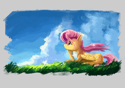 Size: 1754x1240 | Tagged: safe, artist:plainoasis, fluttershy, pegasus, pony, g4, cloud, female, grass, looking up, mare, profile, prone, sky, smiling, solo, windswept mane