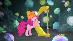 Size: 1920x1080 | Tagged: safe, screencap, pinkie pie, earth pony, pony, g4, rock solid friendship, diagetic music, discovery family logo, female, gem, gem cave, hard hat, harp, hat, helmet, mare, mine, mining helmet, musical instrument, solo