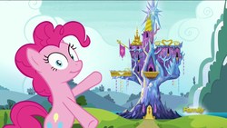 Size: 1920x1080 | Tagged: safe, screencap, pinkie pie, earth pony, pony, g4, rock solid friendship, discovery family logo, female, mare, solo, twilight's castle