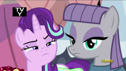Size: 1920x1080 | Tagged: safe, screencap, maud pie, starlight glimmer, pony, g4, rock solid friendship, discovery family logo, skeptical, squint