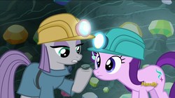 Size: 1920x1080 | Tagged: safe, screencap, boulder (g4), maud pie, starlight glimmer, earth pony, pony, g4, rock solid friendship, discovery family logo, hard hat, hat, helmet, mining helmet