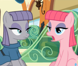 Size: 465x396 | Tagged: safe, screencap, maud pie, pinkie pie, earth pony, pony, g4, rock solid friendship, alternate hairstyle, animated, behaving like maud pie, eyeshadow, female, gif, impersonating, loop, makeup, maud pie may or may not be amused