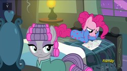 Size: 1920x1080 | Tagged: safe, screencap, maud pie, pinkie pie, pony, g4, rock solid friendship, chart, clothes, discovery family logo, footed sleeper, hair curlers, pajamas, pie sisters pajamas