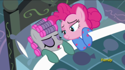 Size: 1920x1080 | Tagged: safe, screencap, maud pie, pinkie pie, earth pony, pony, g4, rock solid friendship, clothes, discovery family logo, footed sleeper, hair curlers, pajamas, pie sisters pajamas