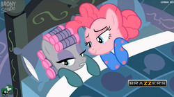 Size: 1905x1064 | Tagged: safe, edit, edited screencap, screencap, maud pie, pinkie pie, earth pony, pony, g4, rock solid friendship, bed, blanket, brazzers, clothes, female, footed sleeper, hair curlers, lidded eyes, pajamas, pie sisters pajamas, pillow