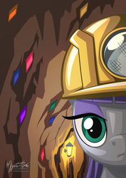 Size: 955x1351 | Tagged: safe, artist:mysticalpha, maud pie, earth pony, pony, g4, rock solid friendship, bust, cave, female, gem, helmet, lamp, looking at you, mine, mining helmet, portrait, solo