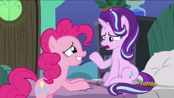 Size: 1920x1080 | Tagged: safe, screencap, pinkie pie, starlight glimmer, pony, g4, rock solid friendship, bipedal, discovery family logo, hind legs, legs together, starlight's room