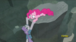 Size: 1920x1080 | Tagged: safe, screencap, maud pie, pinkie pie, earth pony, pony, g4, rock solid friendship, cliff, discovery family logo, ghastly gorge, hanging